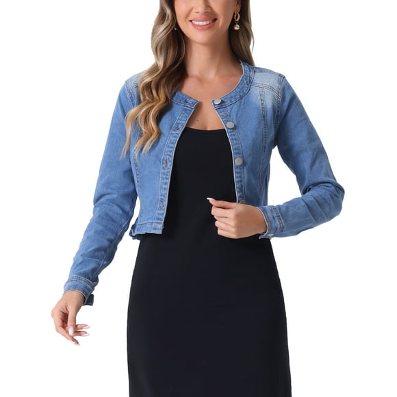 INSPIRE CHIC Women's Denim Jackets Collarless Long Sleeves Button Down Crop Jean Jackets M Light Blue