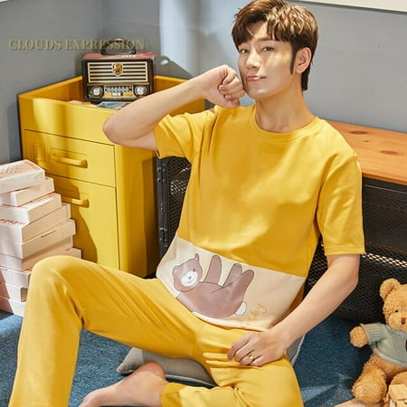 

QWZNDZGR Summer Knitted Cotton Cartoon Mens Pyjamas Pajamas Casual Short Tops +Long Pants Sets Men s Sleepwear Night Pijamas 3XL Homewea