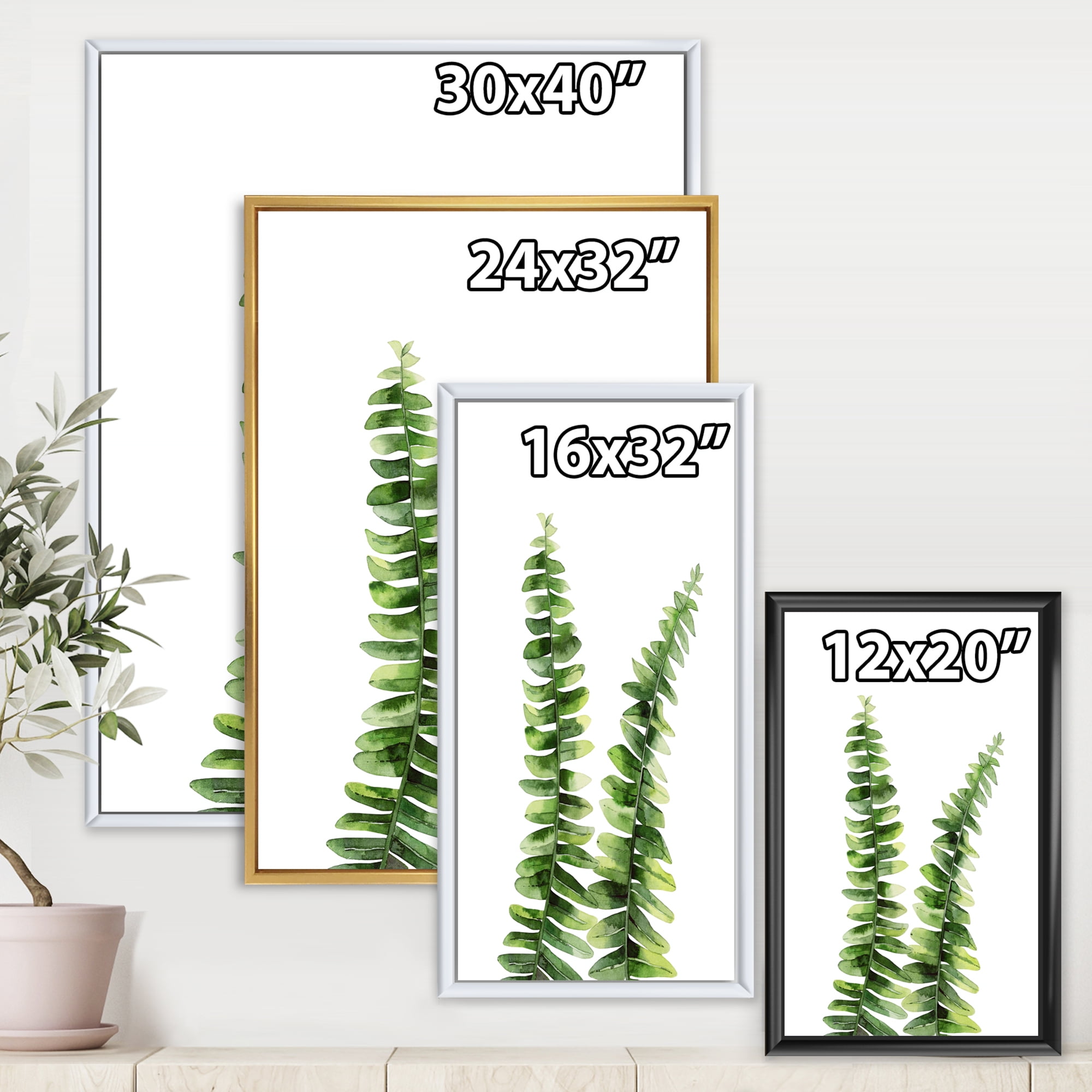 Designart 'Fern Plant Leaves Detail V' Tropical Framed Canvas Wall Art Print
