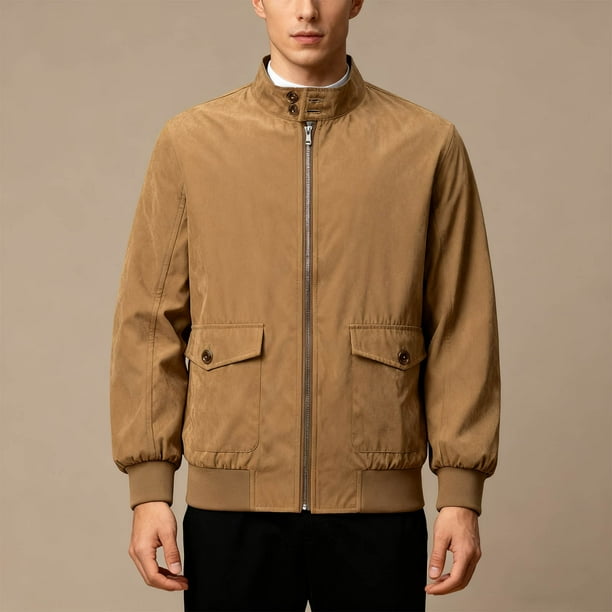 Ceisia Men's casual solid color stand collar zipper button-down coat Gift pocket long sleeve outerwear