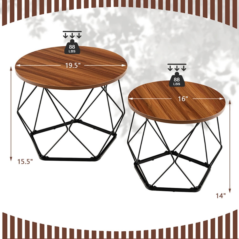 Finihen Coffee Table, Round Coffee Table, Set of 2 Modern Round Coffee Table with Pentagonal Steel Base, for Living Room, Reception Room, Rustic Brown