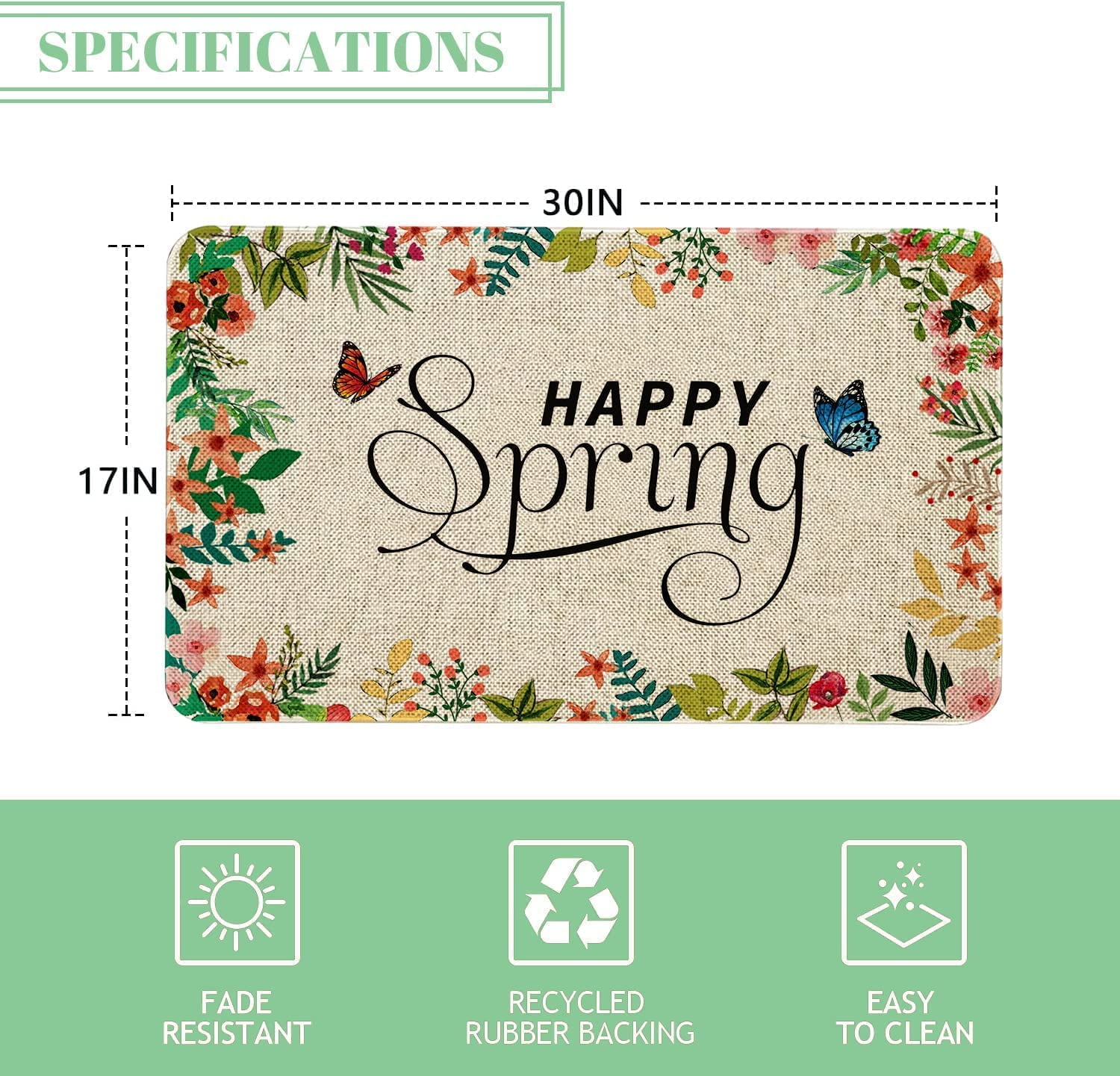 Happy Spring Outdoor Door Mat Flower Farmhouse Decor Welcome Mats Colorful Flowers Doormat Non Slip Rubber Floral Decorative Front Door Mats Indoor Rug 17" x 30"