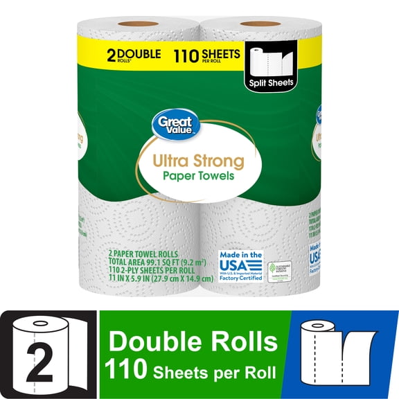 Great Value Ultra Strong Paper Towels, White, 2 Double Rolls