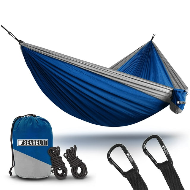 Hamaca de camping Bear Butt con paracaídas doble azul/gris para 2 personas