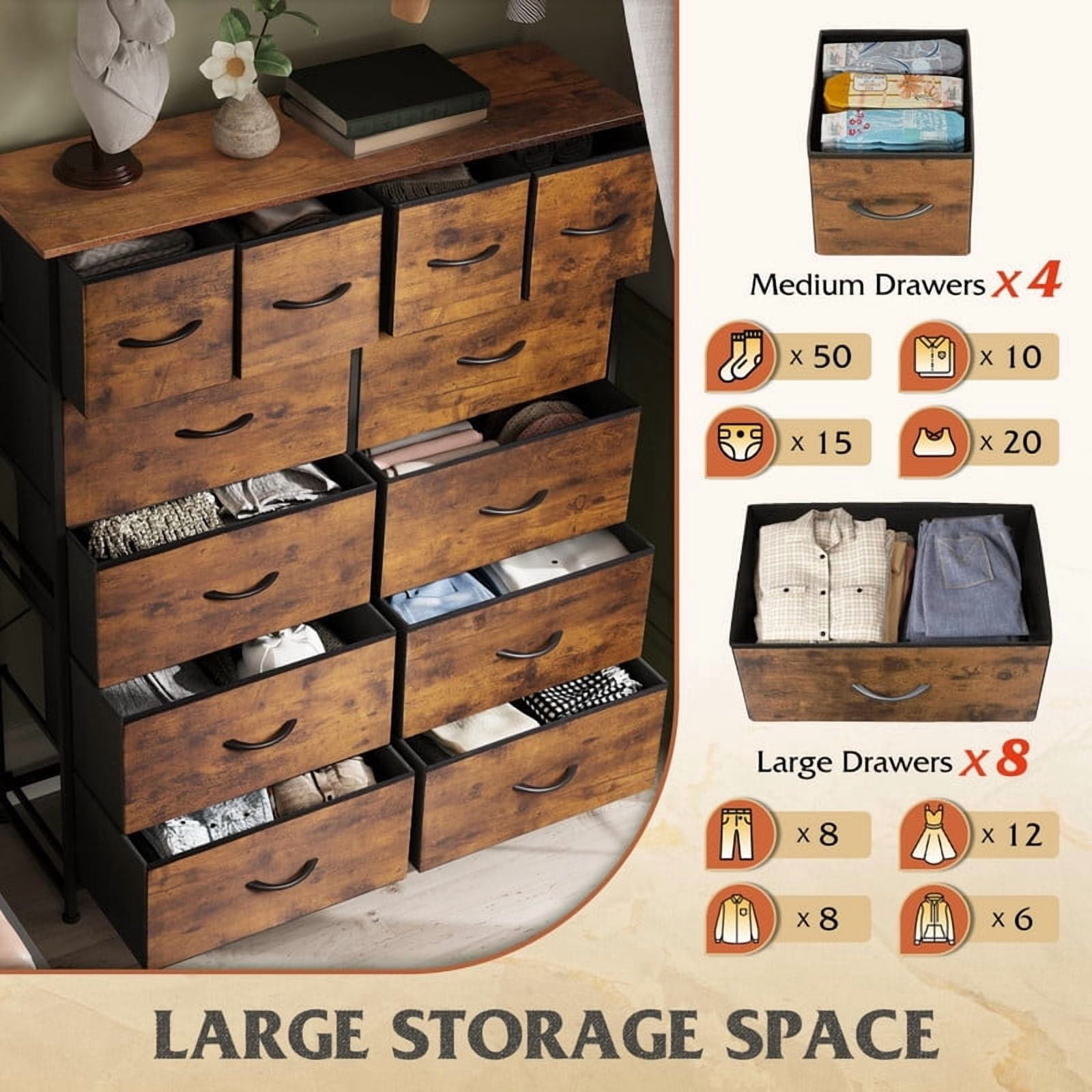 Kelno 12 Drawer Fabric Dresser Storage Tower Sturdy Steel Frame Wood Top Organizer, Rustic Brown