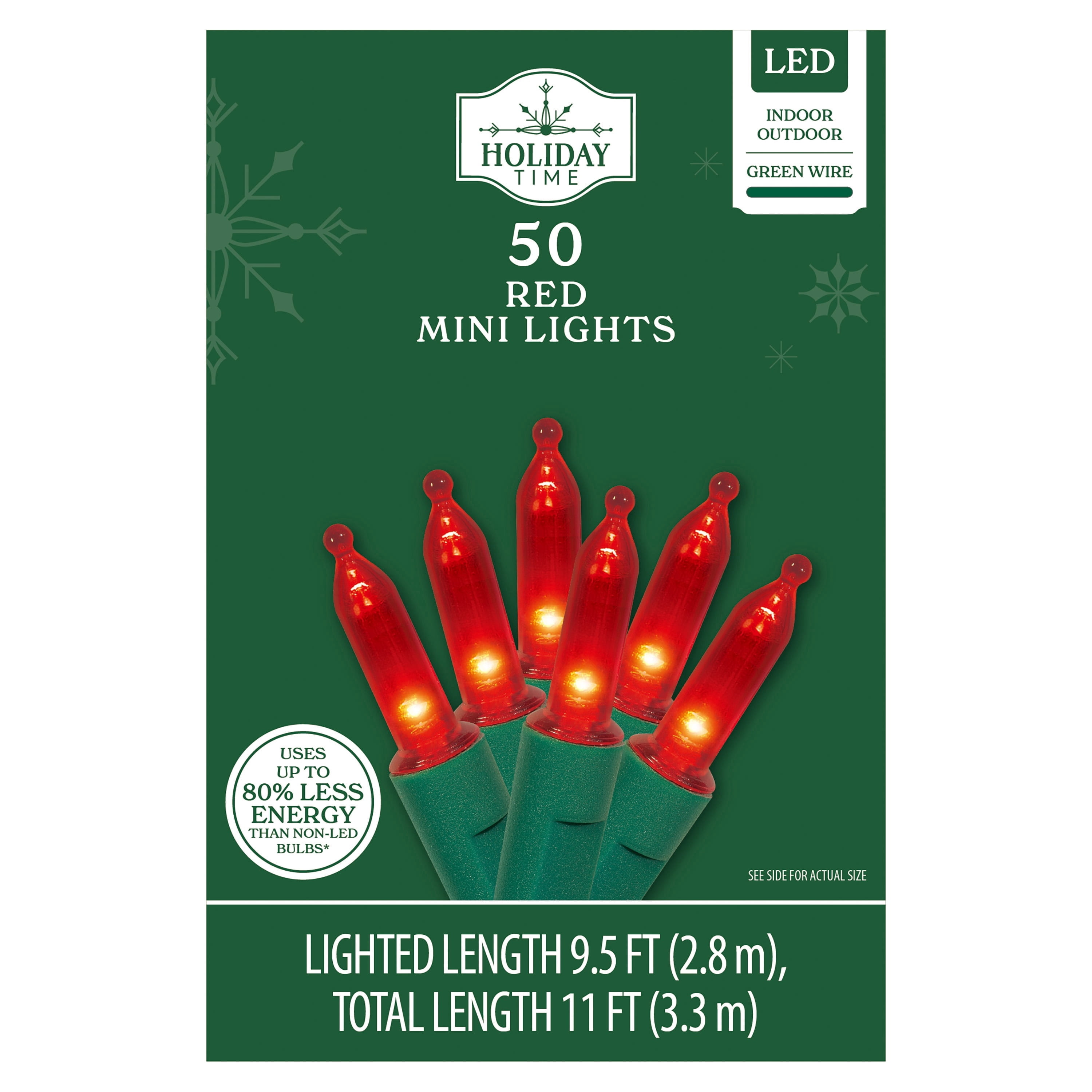 Indoor/Outdoor 50-Count LED Mini Christmas String Lights, Red, Green Wire, 9.5', by Holiday Time