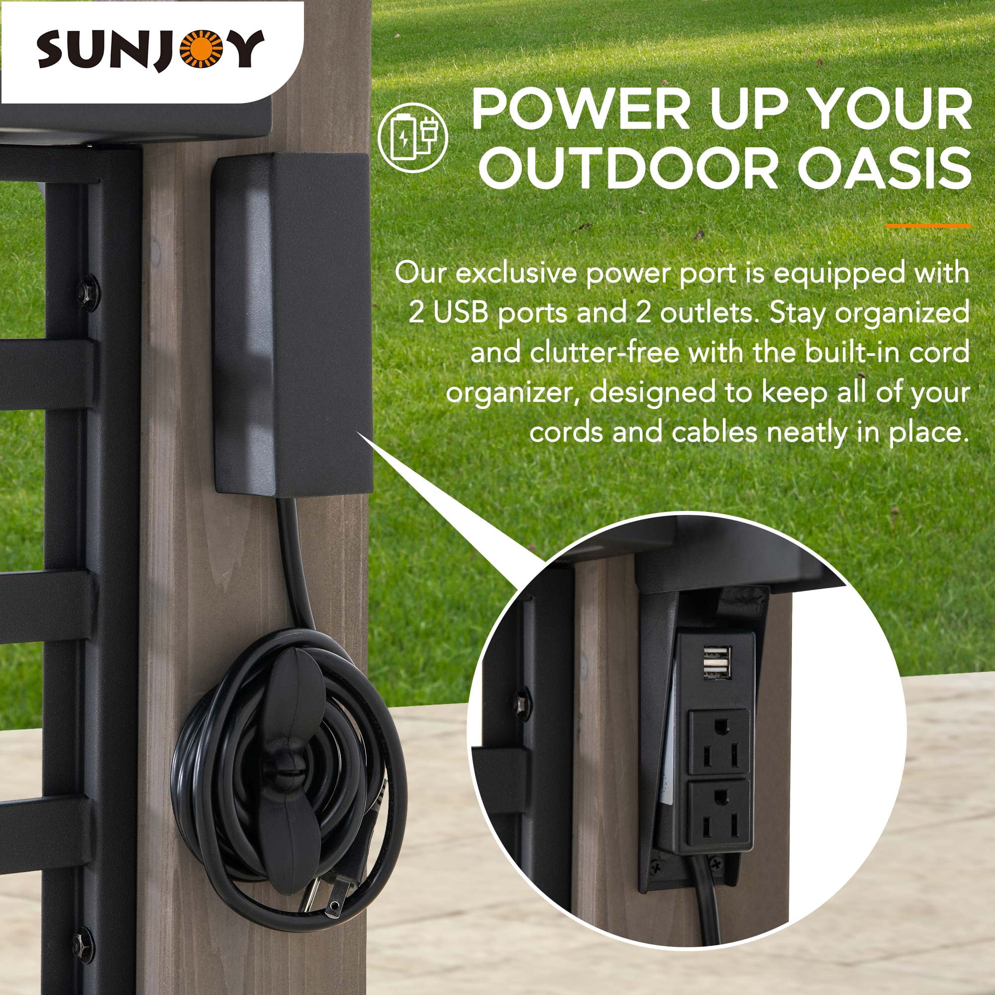 Sunjoy 8ft. x 12 ft. Wooden Cedar Framed Grill Gazebo with exclusive AC Power Port - Black