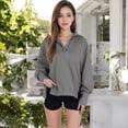 thumbnail image 5 of Women's Long Sleeve Pullover Hoodie with Button Neck and Raw Hem Detail - Small, Gray, 5 of 7