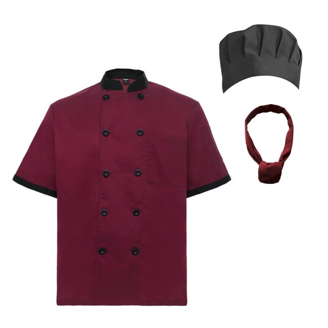 TopTie Veste de Chef à Manches Courtes Unisexe & Ensemble Chapeau & Bandana-Rouge-3TG