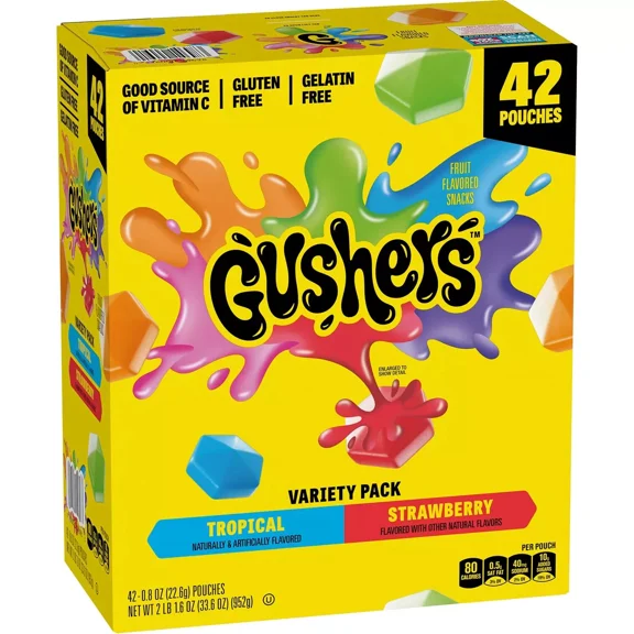 Gushers Fruit Flavored Snacks Variety Pack – 42 Pouches – Tropical & Strawberry – Gluten-Free Gelatin-Free