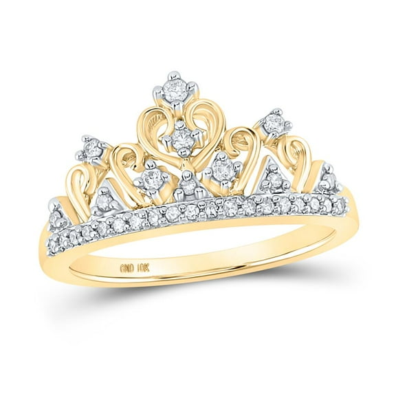 10K Yellow Gold Real Round Diamond Womens Heart Filigree Tiara Crown Ring 1/5 CT
