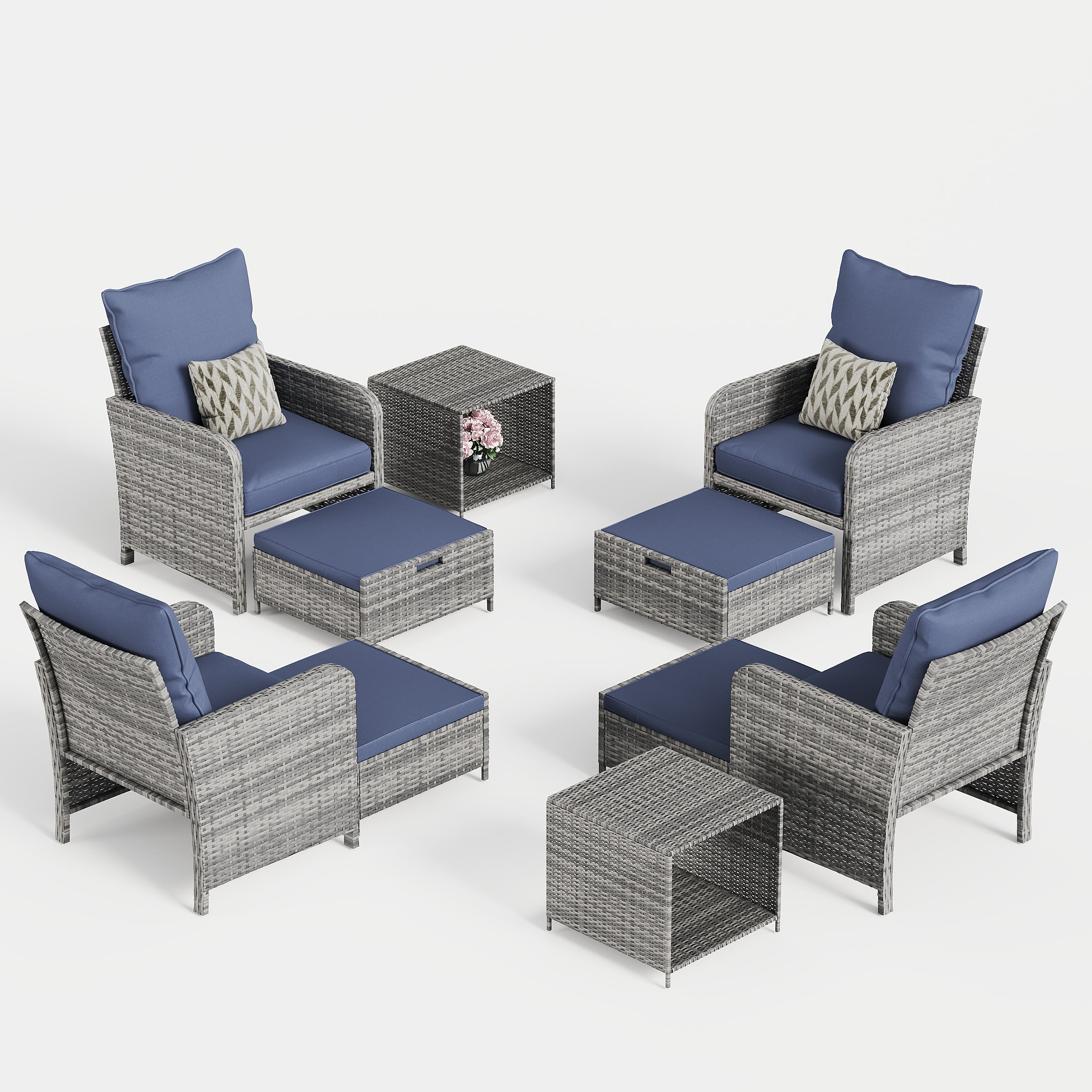ELPOSUN 10 Piece Patio Furniture Set, Outdoor Patio Conversation Rattan Chair with Ottomans w/Storage Coffee Table for Pati ,Navy
