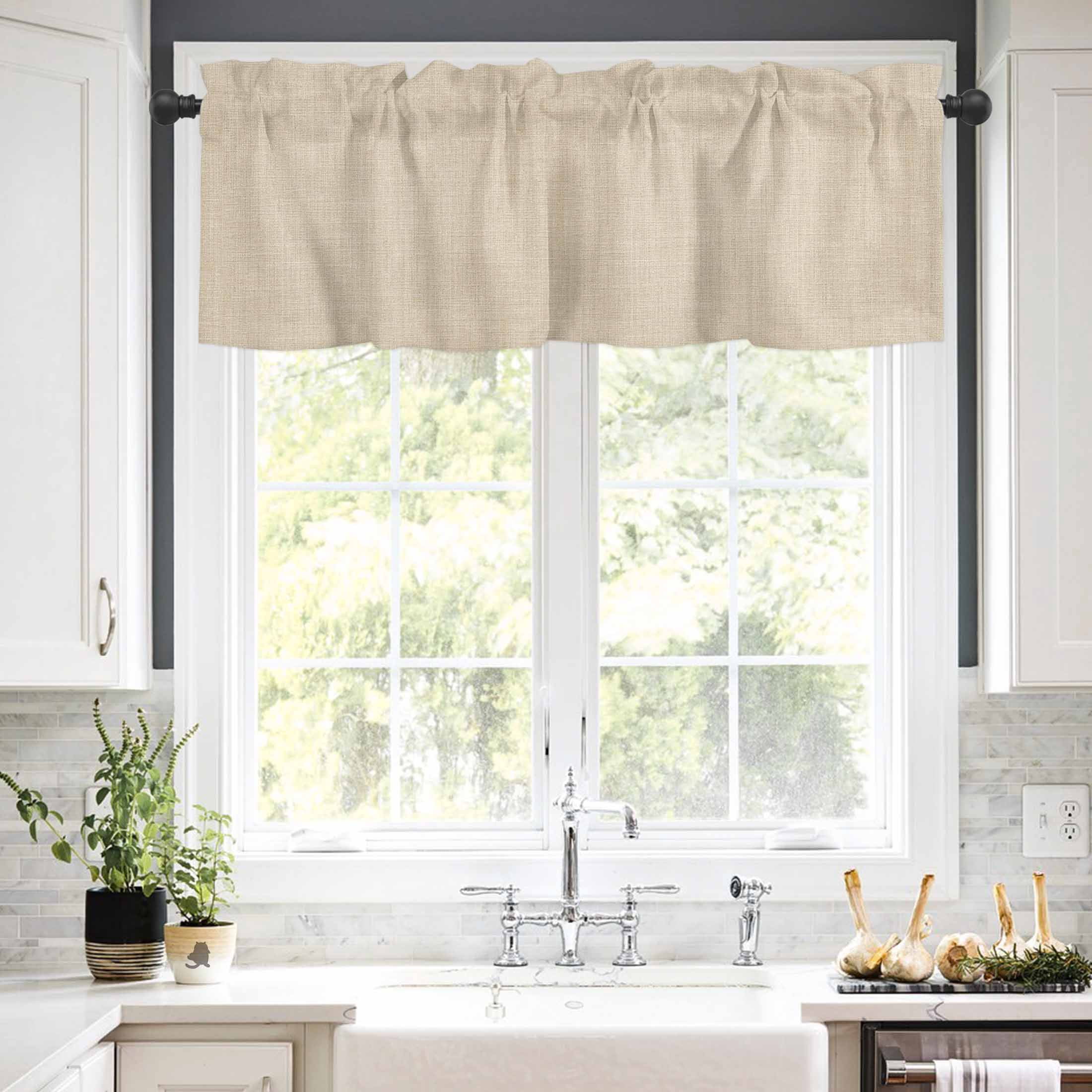 Vintage Linen Valances for Windows Pastoral Beige Linen Texture Farmhouse Rod Pocket Curtain Valance Window Treatment Short Curtains for Kitchen Living Room, 54"x18"
