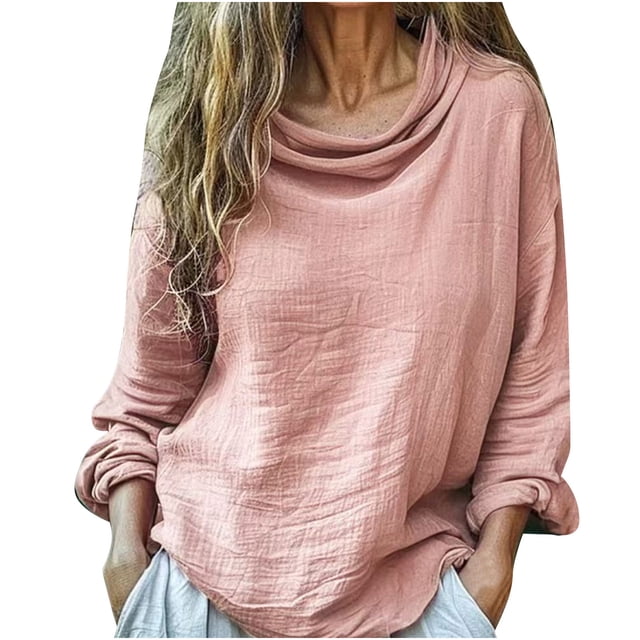Women's Casual Loose Fit Long Sleeve Pullover Top Pleated Detail Round Neck Tunic Solid Color Spring Layering Blouse