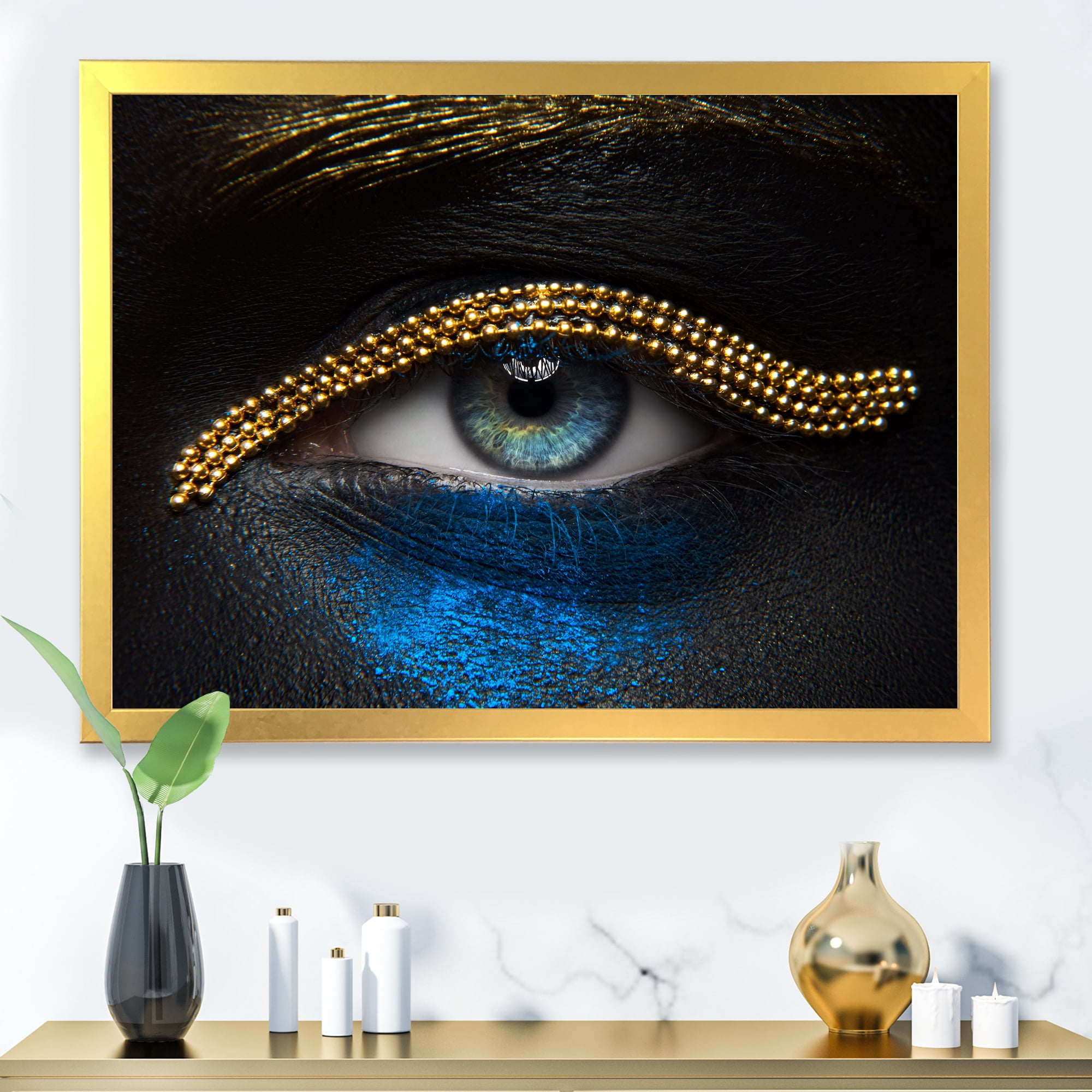 Designart 'Girl Eyes With Gold Chain and Blue Pigment' Modern Framed Art Print