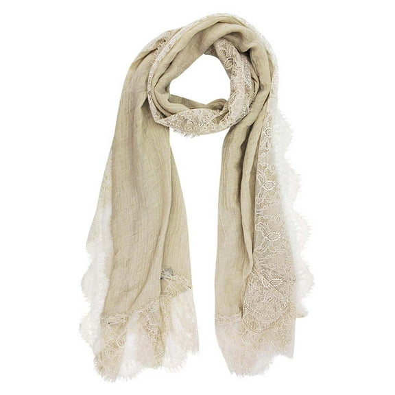 Taupe Gauzy Lightweight Spring Scarf With Lace Trim