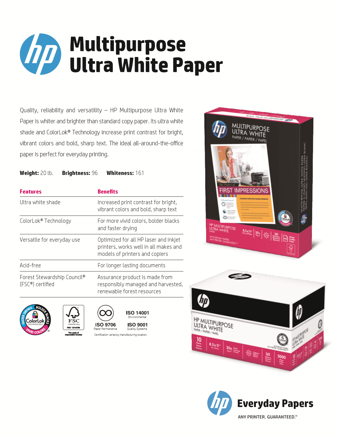 HP Multipurpose Ultra White Paper 8.5" x 11" 20lb 92 Bright (12530PLT) 1500 Sheets per Carton-112 Cartons per Pallet-168,000 Sheets Total. Made in USA