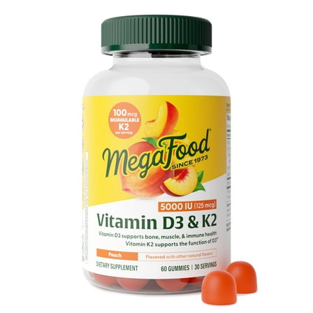 MegaFood Vitamin D3 & K2 Gummies, Bone & Immune Health Support, 60 Gummies, 30 Servings