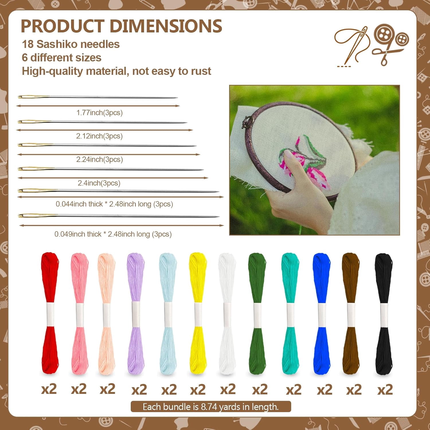 24 Skeins Sashiko Thread 18Pcs sashiko Needles 100% Cotton 12 Colors Each Bundle Measuring 8 Meters/8.75 Yards Suitable for Sewing and Embroidery.