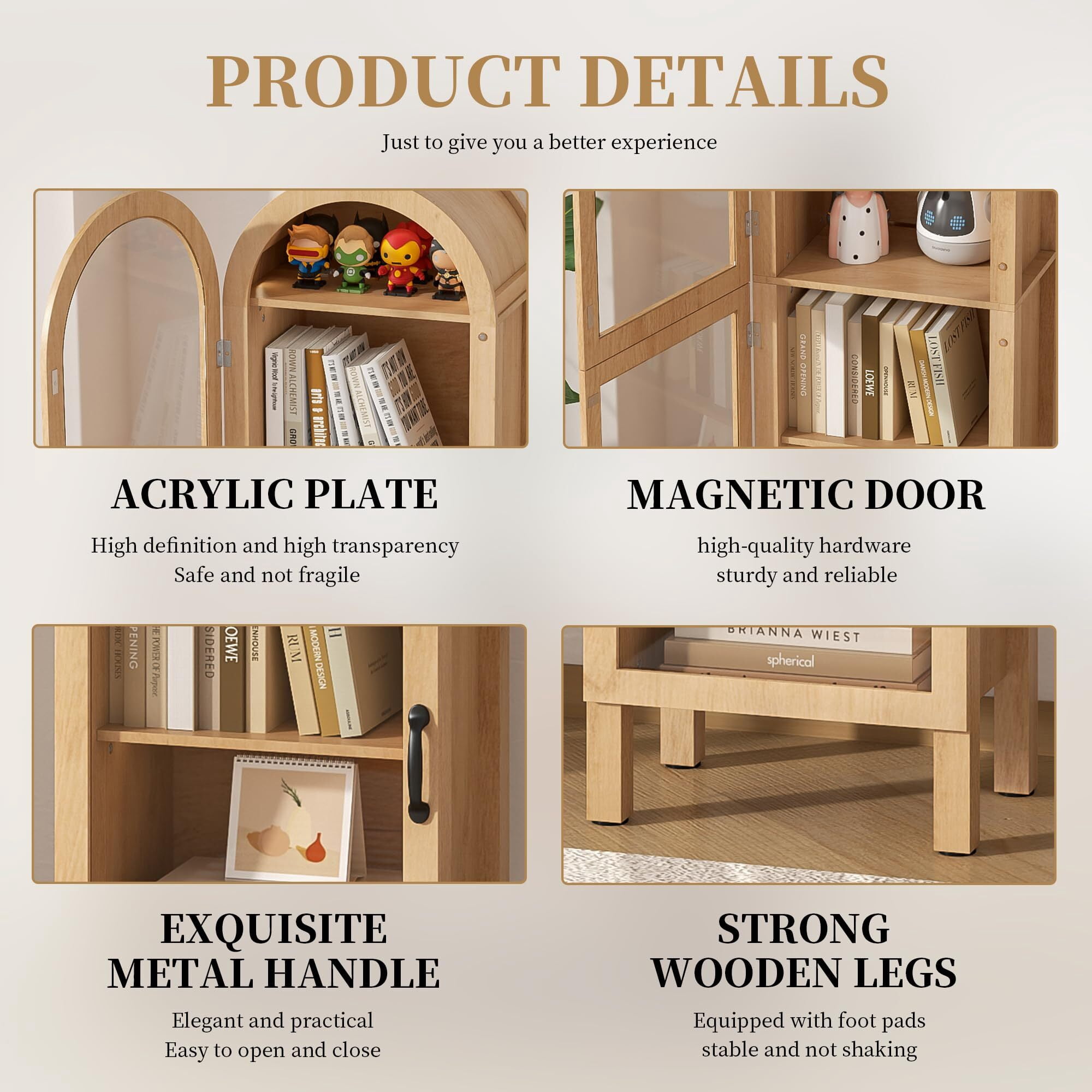 Fsbecl Tall Arched Storage Display Cabinet, Kitchen Pantry Cabinet with Doors, Wood