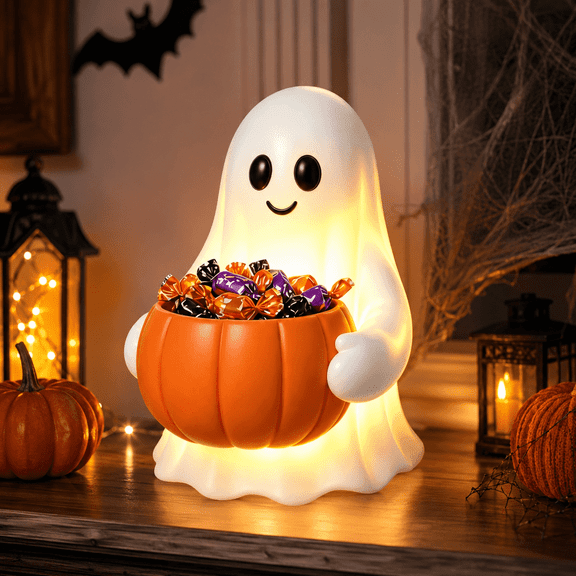 Light Up Ghost Pumpkin Candy Bowl, LED Glowing Ghost with Detachable Pumpkin Treat Bowl, Halloween Porch Yard Entryway Party Decor