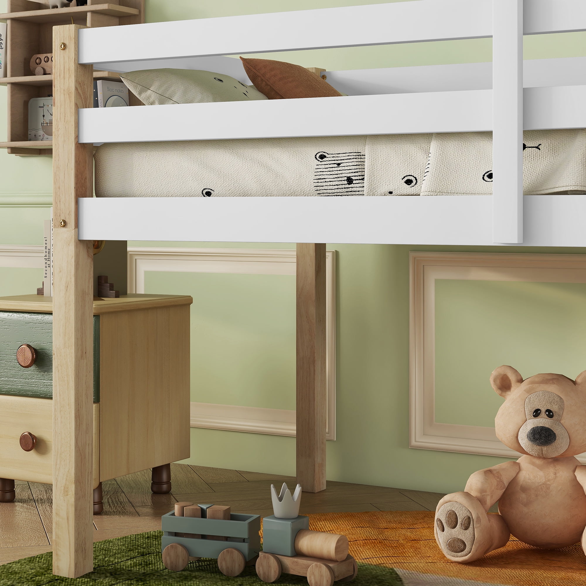 Alvantor Twin Loft Bed for Kids Wooden Bed Frame with Stairs, No Box Spring Needed, Natural+White
