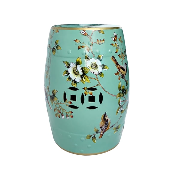 Hand-Painted Floral Bird Ceramic Drum Stool - Oriental Artistry Storage Ottoman, Accent Seat, End Table