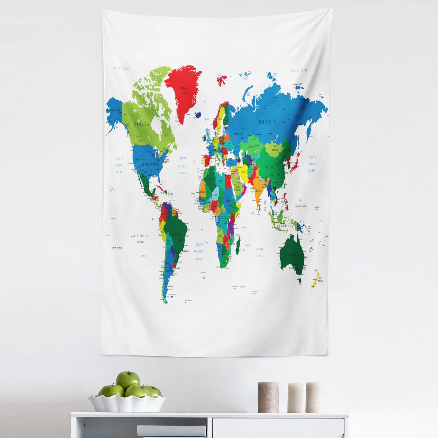 World Map Tapestry, Colorful Political Map Borders Between Countries Different Nations and 