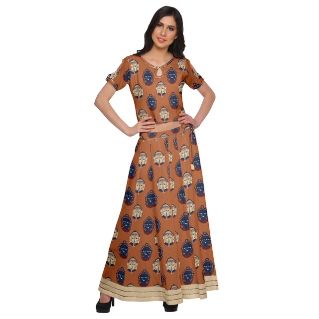 Moomaya Printed Ethnic Wear Long Skirt And Cold Shoulder Crop Top Set For Girls