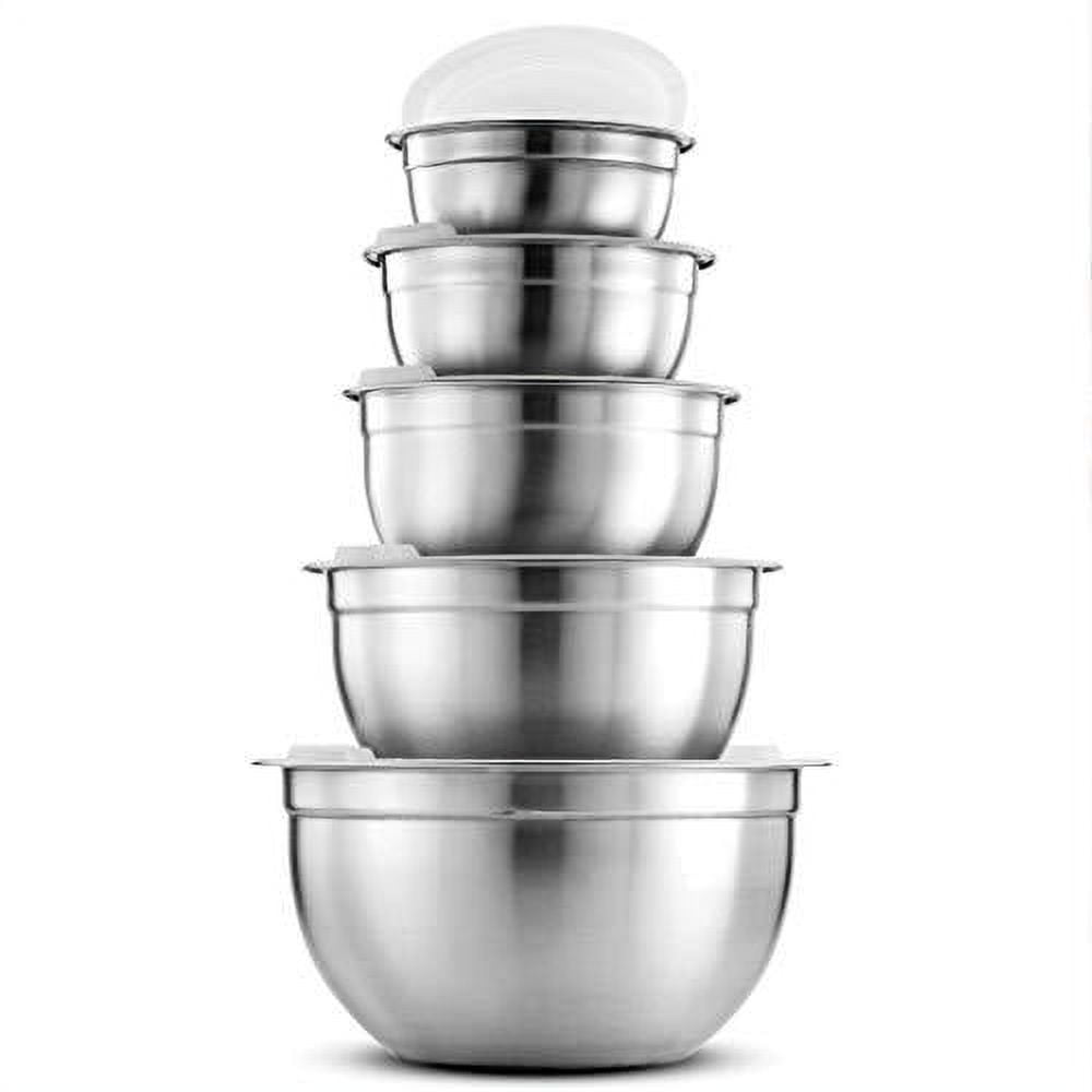 FineDine 5 Deep Nesting Mixing Bowls with Lids for Kitchen Storage, Cooking  Food, Baking, Breading, Salad or Meal Prep - Silver Stainless Steel 