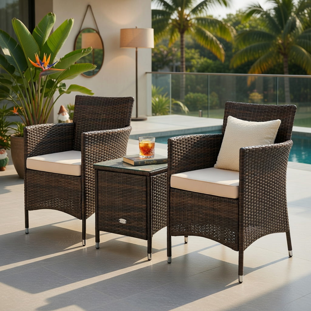 Hommoo 3-Piece Outdoor Wicker Furniture Set, PE Rattan Chairs with Cushions + Tempered Glass Coffee Table for Patio, Garden & Backyard, Brown