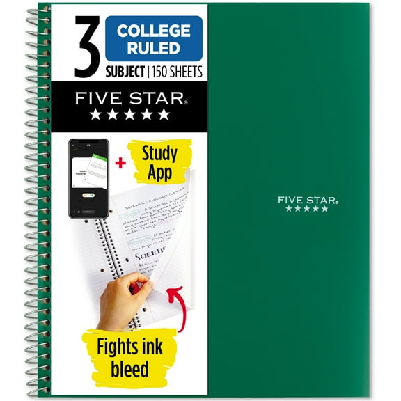 Five Star Spiral Notebook   Study App, 3 Subject, College Ruled, 8.5" x 11"