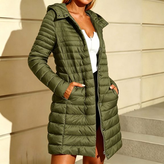 FDGIU Women's Hood Mid Length Quilted Puffer Coat, Full Zip Snap Button Lightweight Padded Jacket with Side Pockets for 2026 Fall Winter Travel Daily Layering