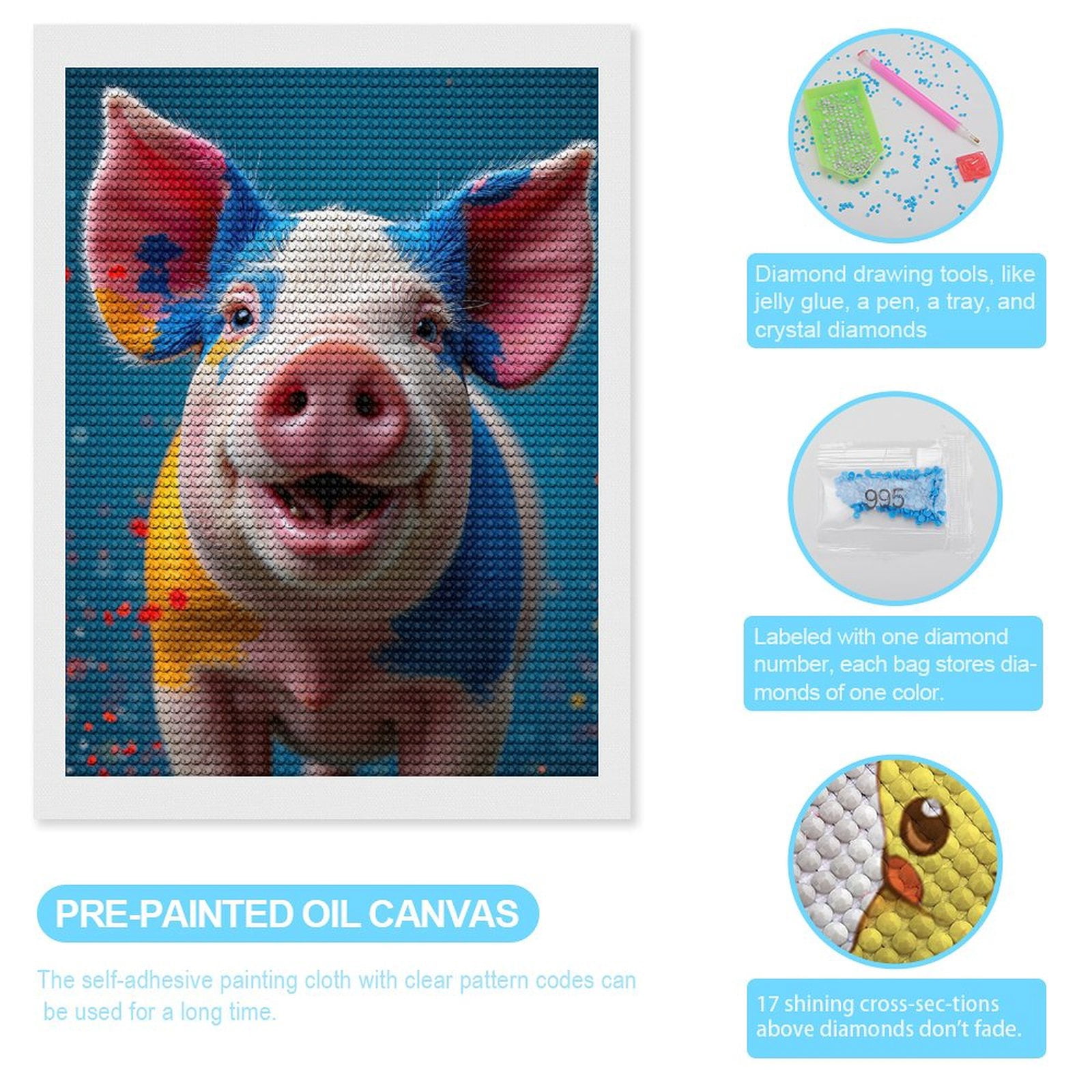Diamond Art Kits for Adults, Colorful Pig Smiling Background Confetti 5D Diamond Painting Kits for Adults Beginners, DIY Full Drill Diamond Painting, Gem Art and Crafts 12x16
