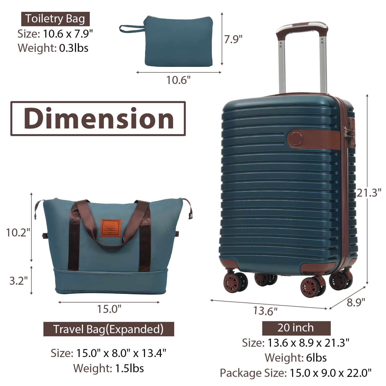 imerelez Luggage Sets 3 Piece Carry on Luggage 22x14x9 Airline Approved, Lightweight Hardshell ABS Suitcases with Wheels, 20 inch, Ink Blue