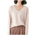 thumbnail image 4 of Knit Sweaters for Women Solid Color V Neck Sweaters Loose Fit Korean Style Versatile Layering Fall Winter Long Sleeve Pullovers Top Beige L, 4 of 4