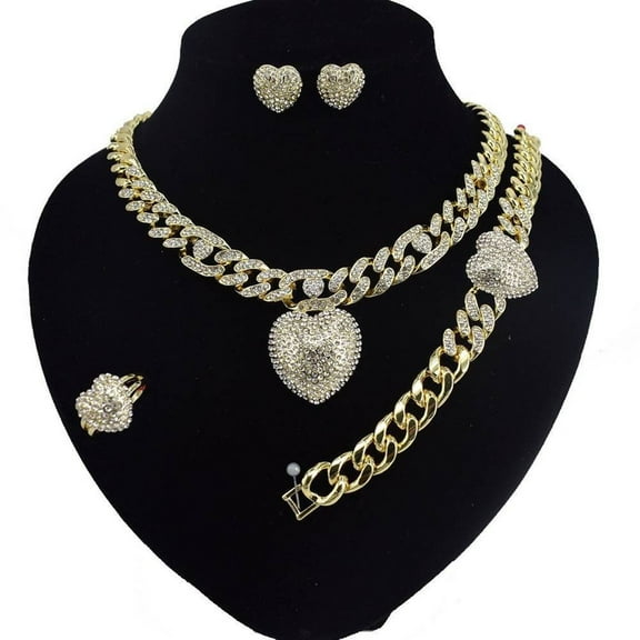 HUGSKISSES cuben link set icedout hearts necklace bracelet earrings ring gold Plated #41