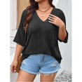 thumbnail image 2 of Plus Size Women Ribbed Knit T‑Shirt V‑Neck Half Sleeve Loose Casual Top, 2 of 6