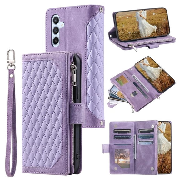 Case For Samsung Galaxy A36 5G Checkered With 6-card Slots Holder Kickstand Wrist Strap Lanyard Zipper PU Leather Flip Wallet Case,Purple,For Galaxy A36 (5G)