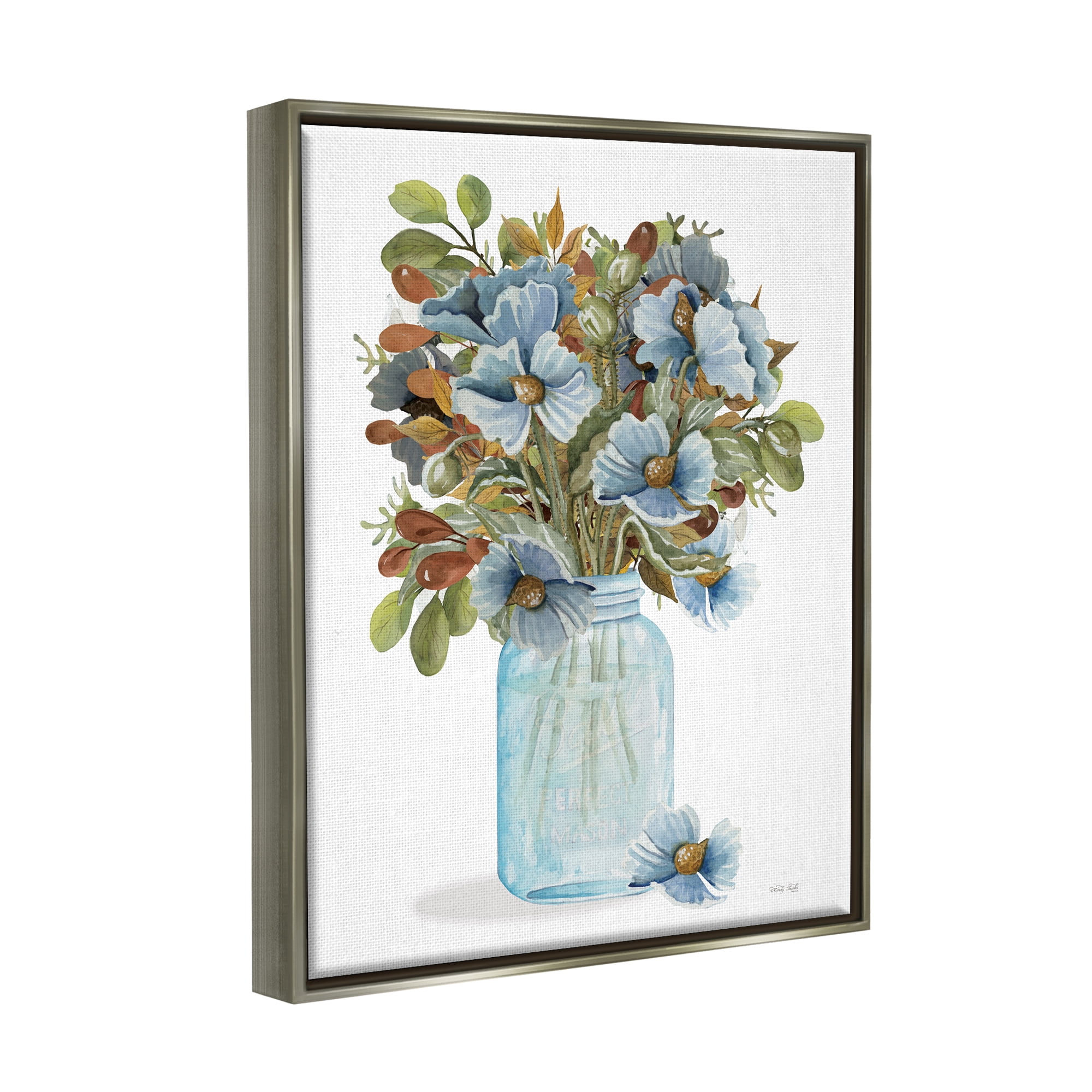 Stupell Blue Blooming Floral Bouquet Botanical & Floral Painting Gray Floater Framed Art Print Wall Art