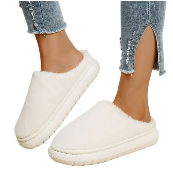 Xfvqtps Women Fluffy Slippers Solid Color Versatile Indoor Home Funny Winter Non-Slip Thick Sole Plush Slippers White