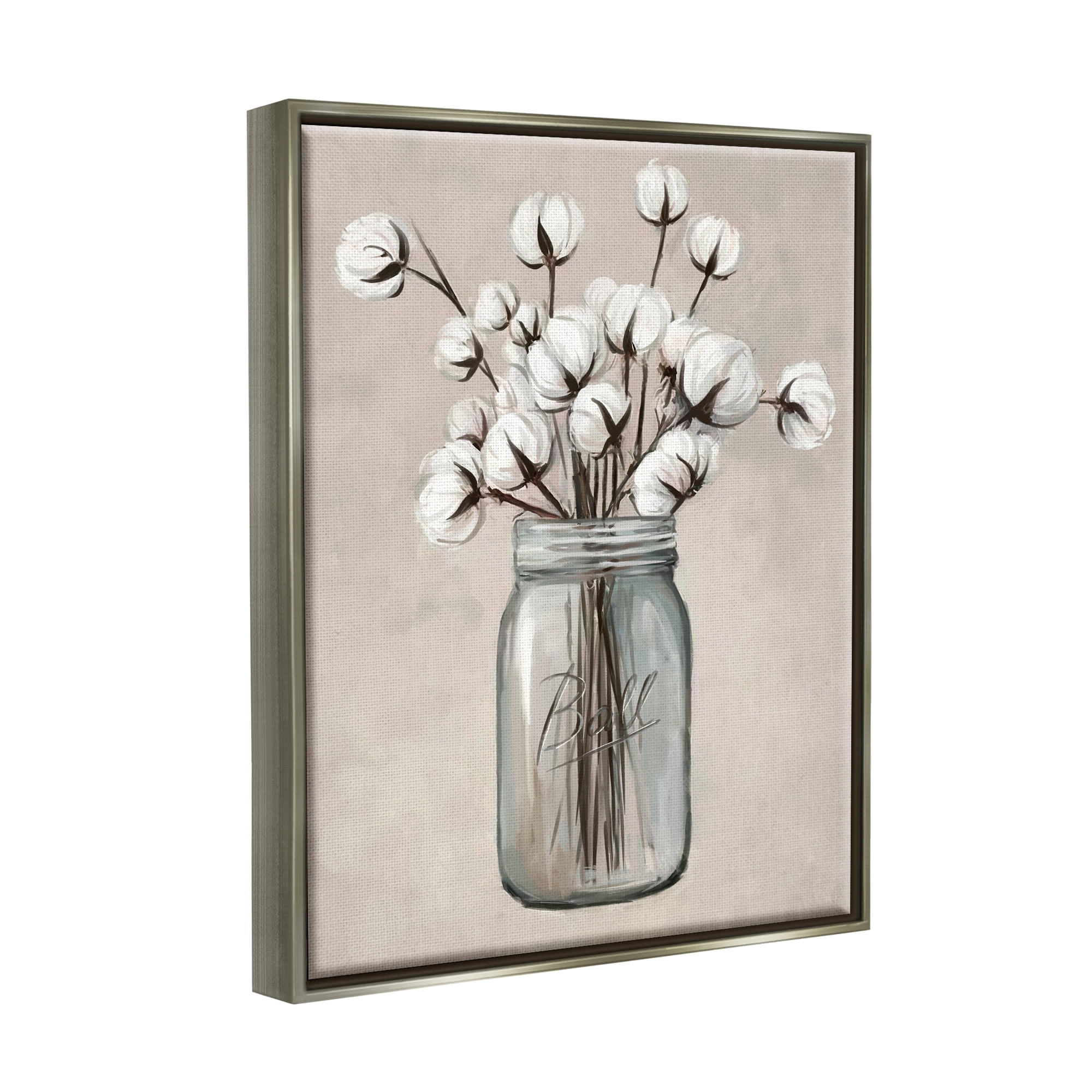 Stupell Industries Cotton Flower Jar Vase Botanical & Floral Painting Gray Floater Framed Art Print Wall Art