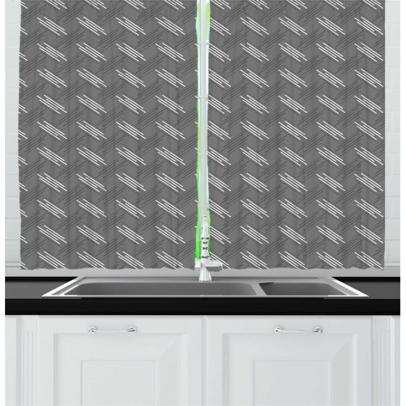 Geometric Kitchen Curtains, Repeated Pattern of Diagonal Uneven Abstract Stripes in Greyscale Art Print, Two Panels Drapes with Rod Pocket Room Decor, 55" X 45", Grey Off White, by Ambesonne