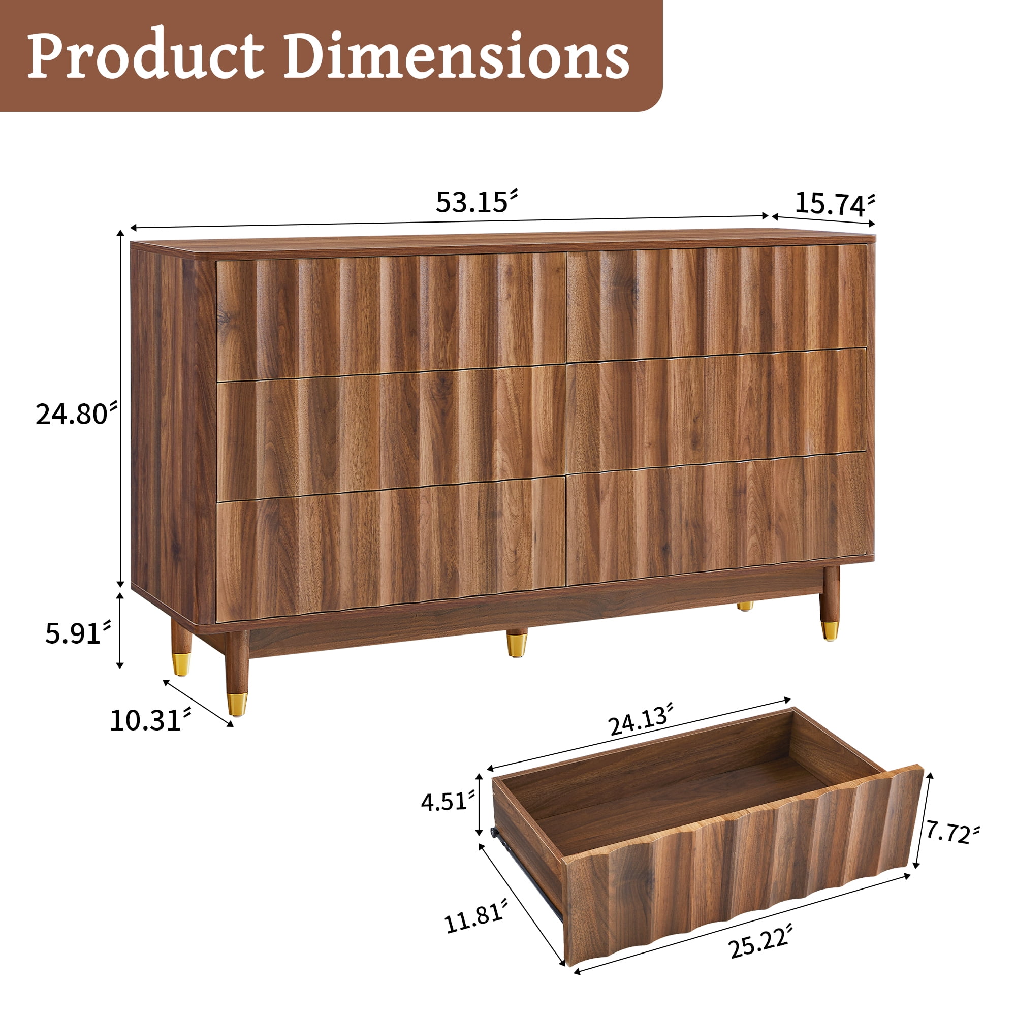 LEFHDA 53" Dresser Fluted 6 Drawer Dresser, Large Modern Chest of Drawers, Wide Wood Storage Dressers Organizer Storage Cabinet for Bedroom Living Room Hallway Entryway