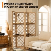 Jostyle 4 Panel Room Divider Privacy Screen with Storage Shelves Foldable with Natural Paulownia Wood Frame Diamond Pattern Non-Woven Fabric for Living Room, Bedroom, Office Espresso & White