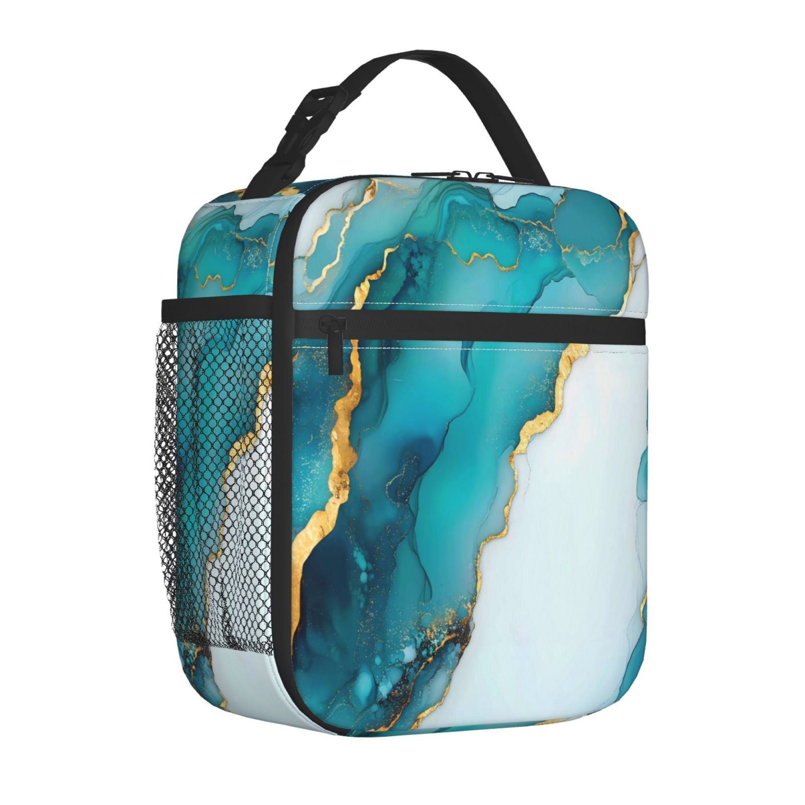 Lunch Bag For Women Men Insulated Portable Lunch Box Bento Box Office Picnic Travel Cooler Bag Skyblue And White Gold Marble
