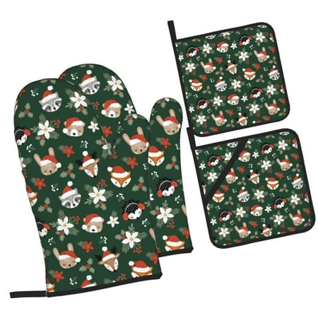 

Zeuib Festive Forest Friends Oven Mitts and Potholders BBQ Gloves Kitchen Oven Glove High Heat Resistant 500 Degree Extra Long Oven Mitts and Potholder with Non-Slip Silicone Surface for Cooking