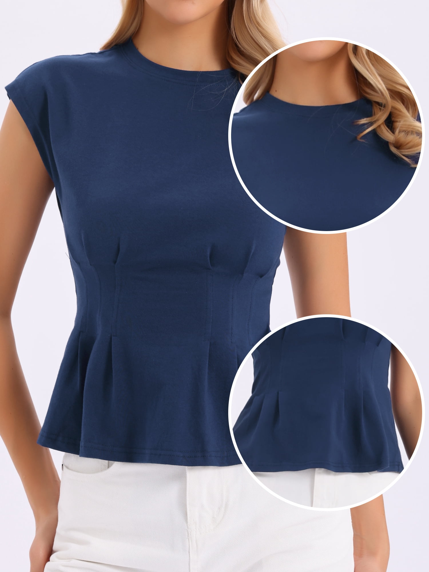 DARING DIVA Women's Peplum Tops Cap Sleeve Crew Neck Business Work Blouse Tops M Navy Blue