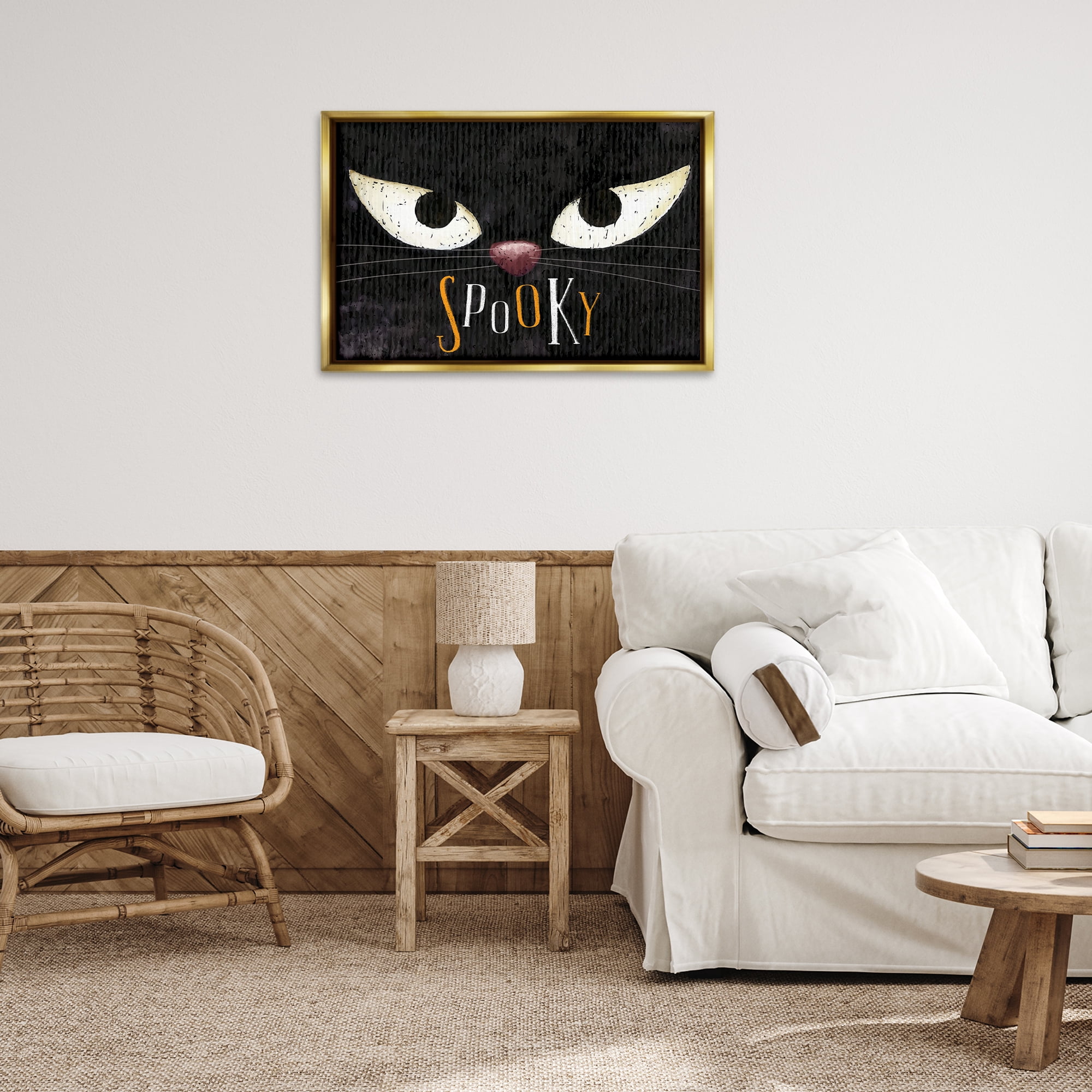 Stupell Industries Spooky Cat Eyes Animals Painting Gold Floater Framed Canvas Art Print Wall Art, 31 x 21