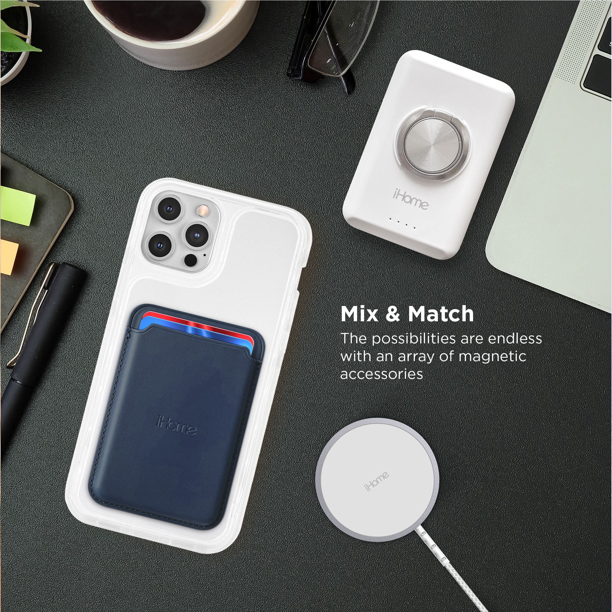 iHome Magnetic Vegan Leather Card Wallet: Premium Vegan Leather, Lightweight, Ultra Slim, MagSafe Compatible for iPhone 12 & 13 Series (Navy)